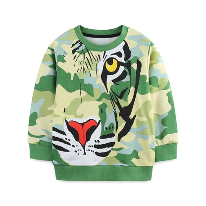 Boys Girls’ Long Sleeve Sweatshirt 100% Breathable Cotton,Tiger Print - Green