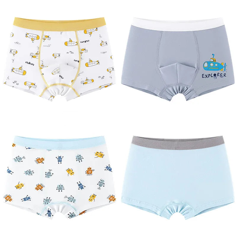 4pcs High Quality Soft Cotton Cartoon Cat Print Boxer Briefs for Boys 4-12Years- Grey, Blue