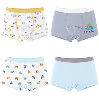 4pcs High Quality Soft Cotton Cartoon Cat Print Boxer Briefs for Boys 4-12Years- Grey, Blue