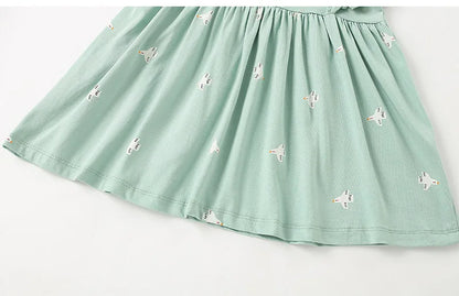 Quality Combed Cotton Dress for Girls with Bird Cartoon - Light Green