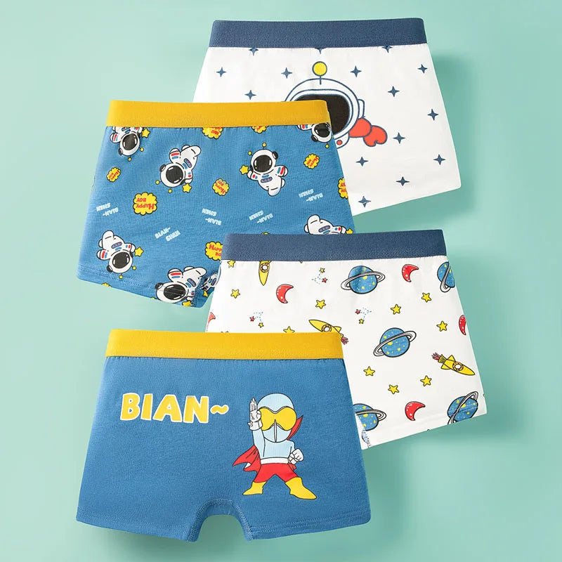 Сotton Breathable Boxer Shorts for Boys, 4 Pcs - Green, Grey, Blue, Yellow, White, Navy, Multicoloured