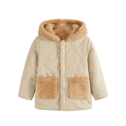 Cute Casual Warm Zip Coat With Hood and Fleece Lining - Beige