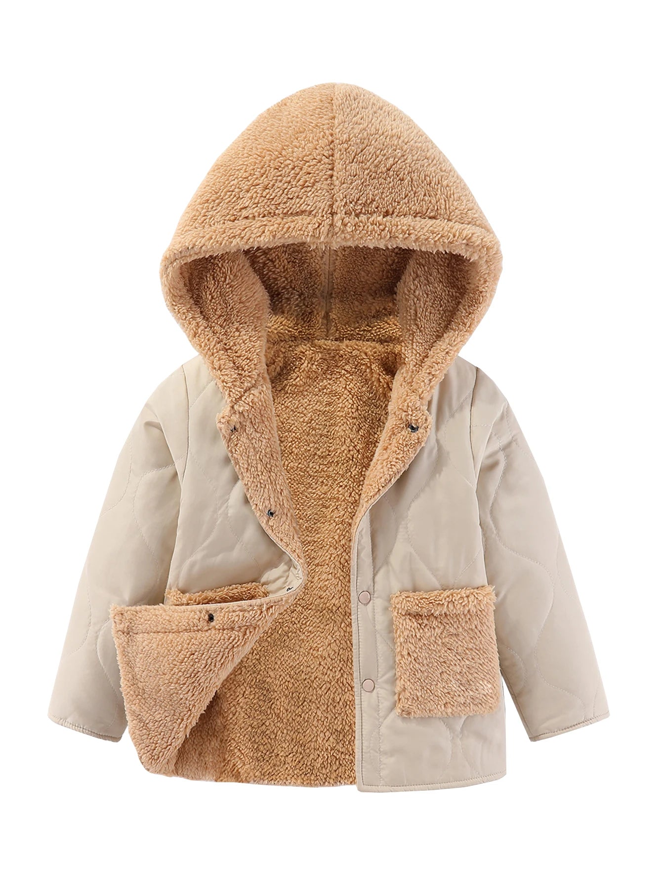 Cute Casual Warm Zip Coat With Hood and Fleece Lining - Beige