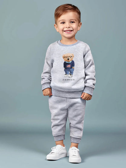 2 Piece Set Crew Neck Long Sleeves All-match Trousers With Little Bear Print - Red, Black, White, Grey