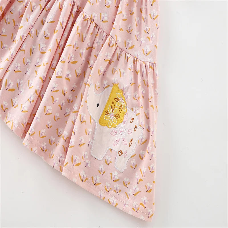 Girls' 100% Cotton Dress with Elephant Applique – Pink