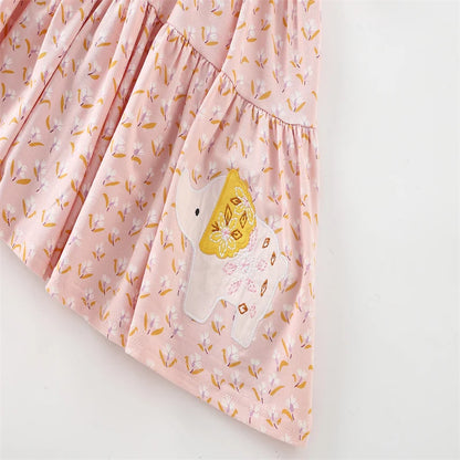Girls' 100% Cotton Dress with Elephant Applique – Pink