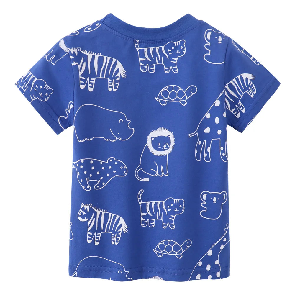 Boys Girls Short Sleeve Cute Printed Animal Cotton Tops - Blue