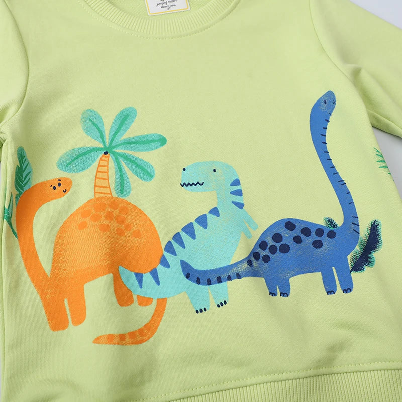 Cotton Long Sleeve Sweatshirt with Cartoon Dinosaurs for Boys & Girls - Green