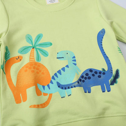 Cotton Long Sleeve Sweatshirt with Cartoon Dinosaurs for Boys & Girls - Green