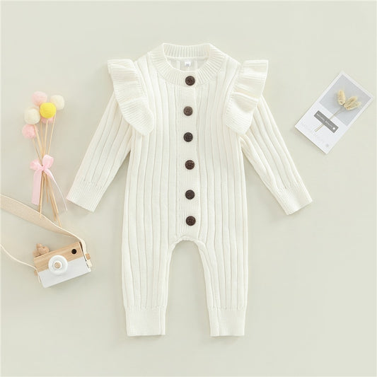 Cotton Knitted Baby Romper with Long Sleeves and Ruffles - White