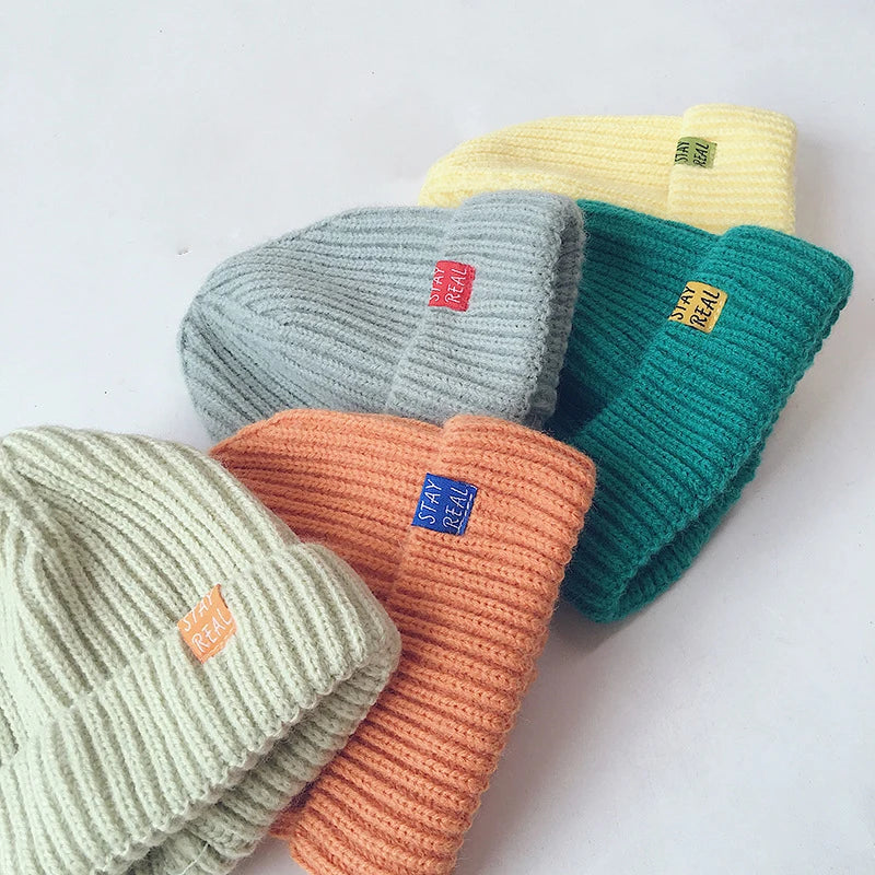 Solid Colour Warm Soft Knitted Hats - Yellow, Green, Pink, Grey, Orange