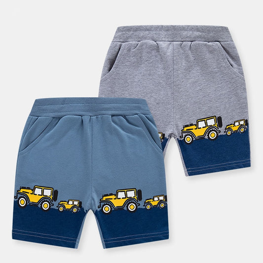 Boys' Cotton Cartoon Cars Shorts with Pockets – Blue, Grey