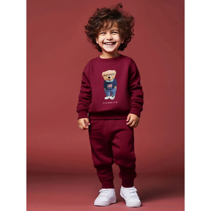 2 Piece Set Crew Neck Long Sleeves All-match Trousers With Little Bear Print - Red, Black, White, Grey