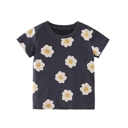 Girls Summer Cotton T-Shirts with Flowers - Black