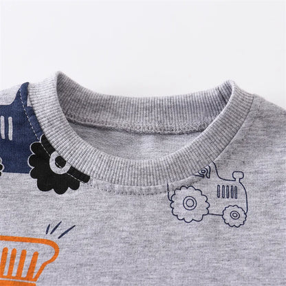 Boys’ Cotton Sweatshirt with Car Print – Grey, Blue, Red