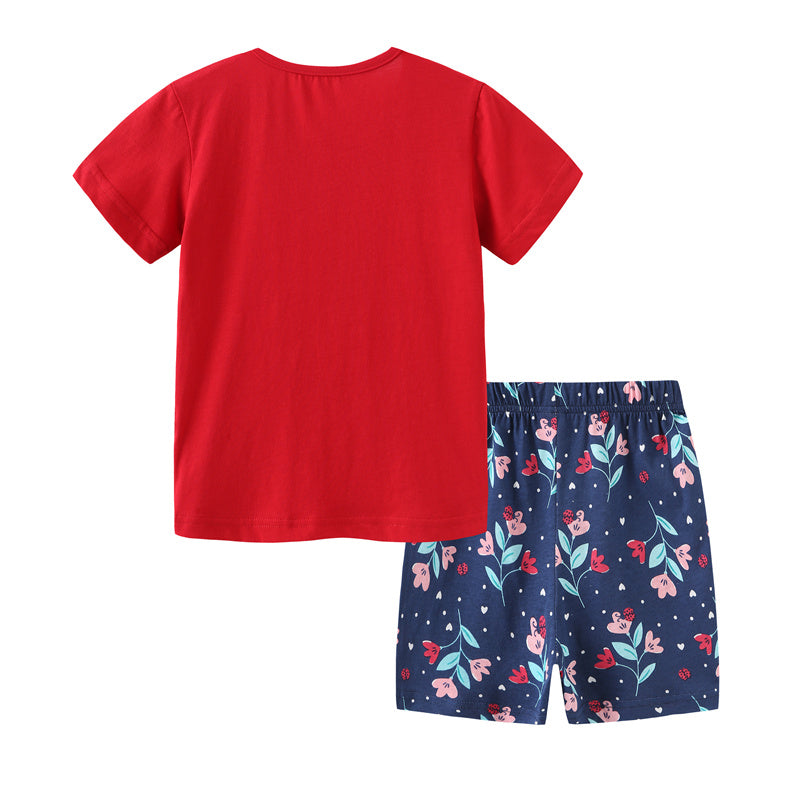 Girls Cartoon Parrot Print Clothing Set, 2 pcs - Red