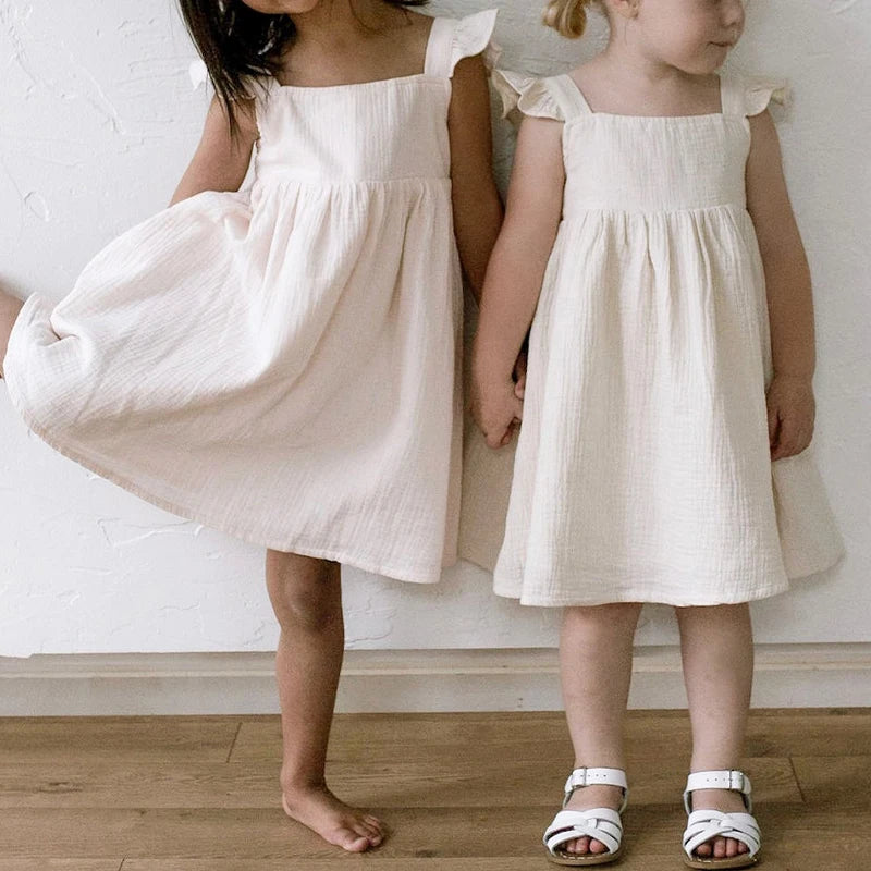 Girls Cotton White Lined Dress With Sleeveless Ruffled Straps - Natural