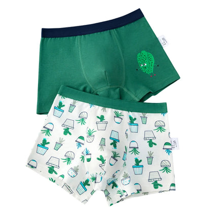 2pcs Cotton Soft Boxer Briefs with Elephant and Dinosaur Pattern for Boys - Green, Blue, Light Brown