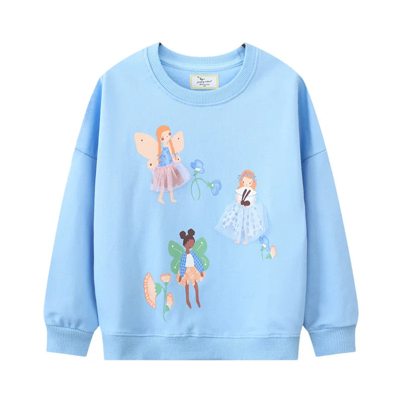 Girls' Long Sleeve Sweatshirts 100% Cotton Cartoon Appliques - Blue