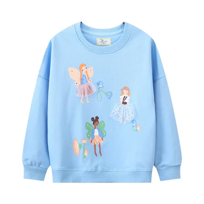 Girls' Long Sleeve Sweatshirts 100% Cotton Cartoon Appliques - Blue