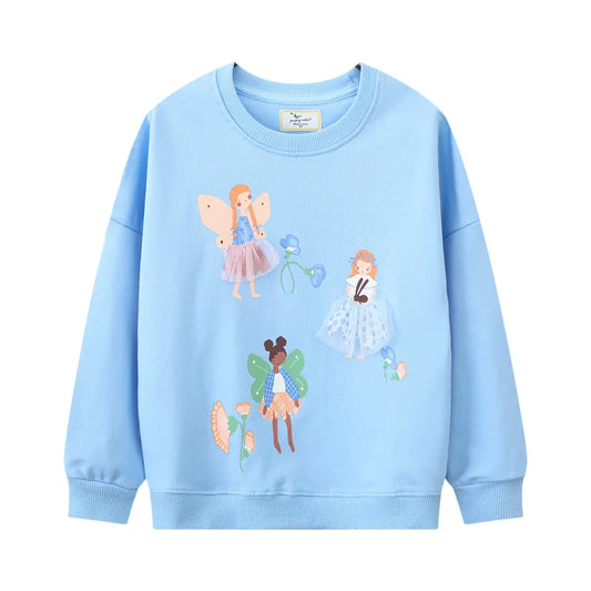 Girls' Long Sleeve Sweatshirts 100% Cotton Cartoon Appliques - Blue