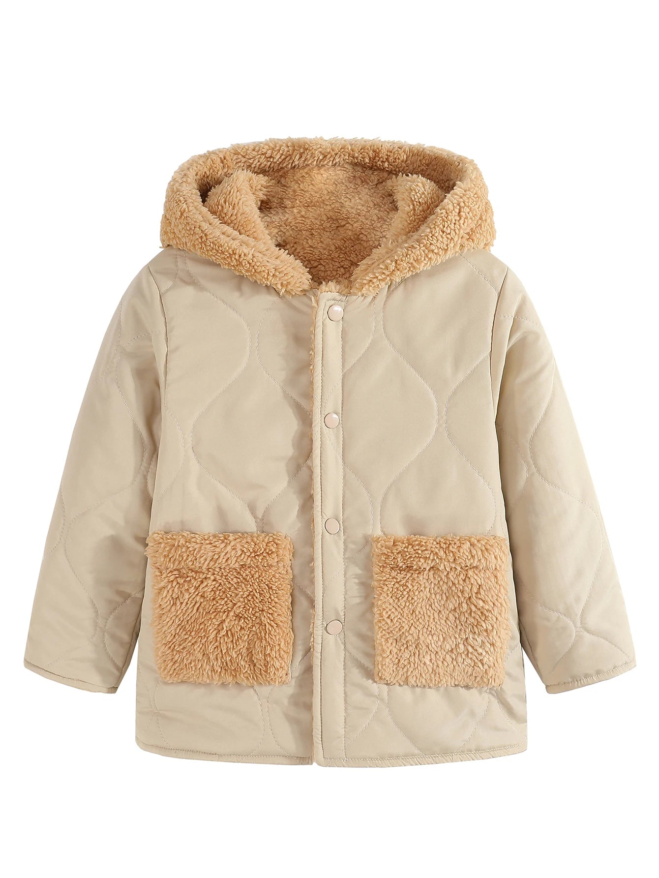 Cute Casual Warm Zip Coat With Hood and Fleece Lining - Beige