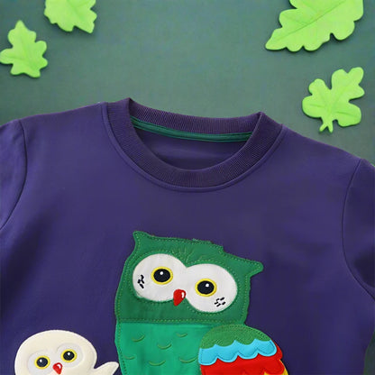 Boys Girls Sweatshirt Owls Embroidery with Long Sleeve - Navy Blue