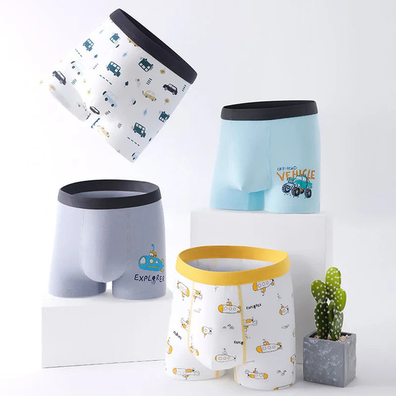 4pcs High Quality Soft Cotton Cartoon Cat Print Boxer Briefs for Boys 4-12Years- Grey, Blue