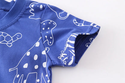 Boys Girls Short Sleeve Cute Printed Animal Cotton Tops - Blue