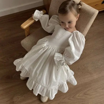 Elegant Long Sleeve Ruffle Princess Cotton Dress – White