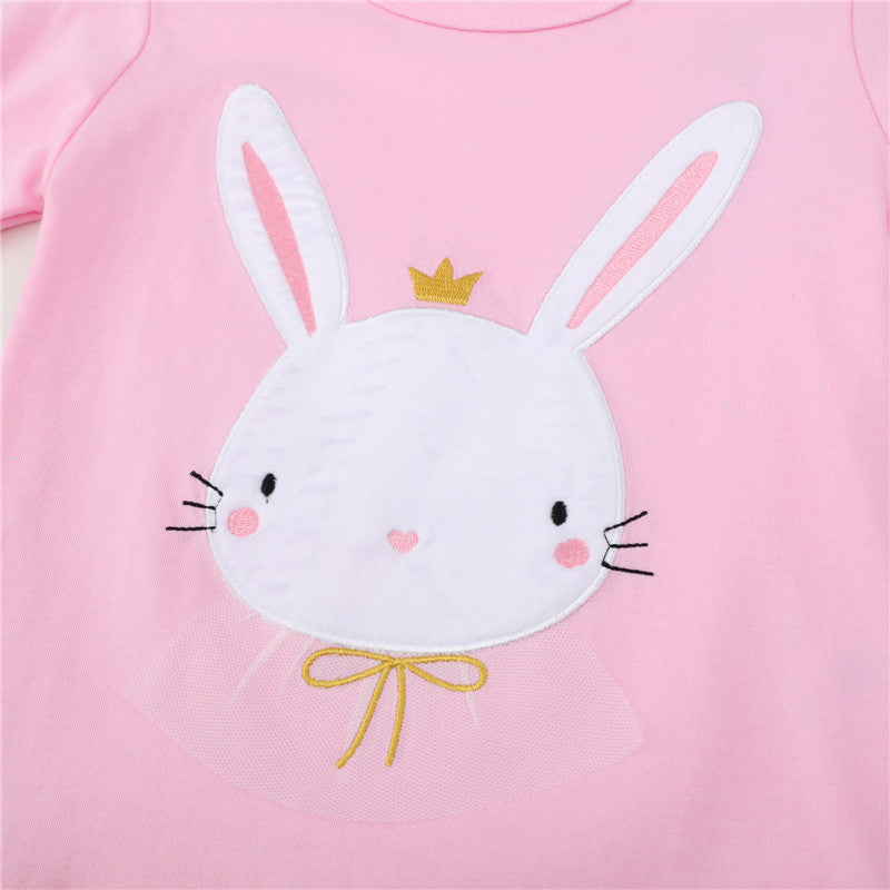 Girls Cute Bunny Print Long Sleeve Cotton Top - Pink.