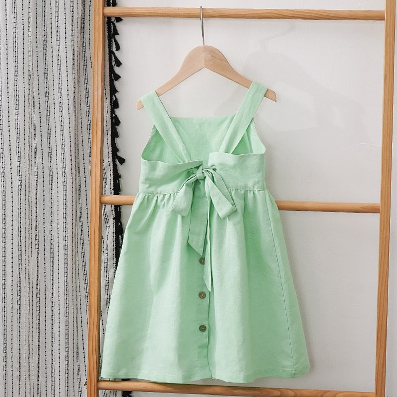 Girls' Summer Cotton and Linen Sleeveless Dress With Adjustable Shoulder Straps - Green, White.