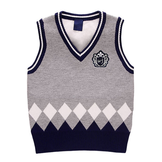 Kids Argyle V-Neck Knitted School Vest - Grey, Navy, Red.