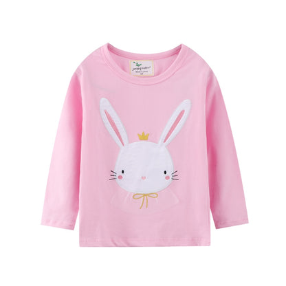 Girls Cute Bunny Print Long Sleeve Cotton Top - Pink.