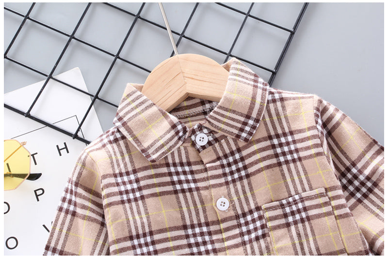 Baby Boys Thin Long Sleeve Cotton Check Shirts - Pink, Khaki.