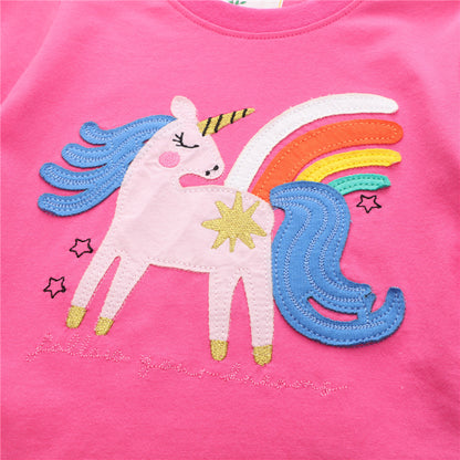 Girls Summer Short Sleeve Cotton T-shirt with Animals Embroidery - Bright Pink.