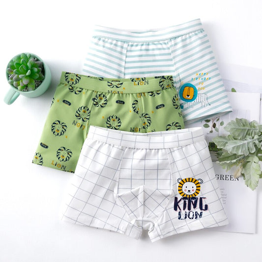 High Quality Boys Natural Cotton Cartoon Lion Print Briefs & Boxers, 3 pcs.