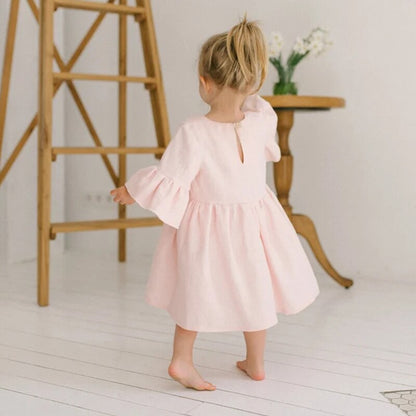 Girls Sweet Cute Summer Flare Sleeve Casual Linen Dress - Pink.