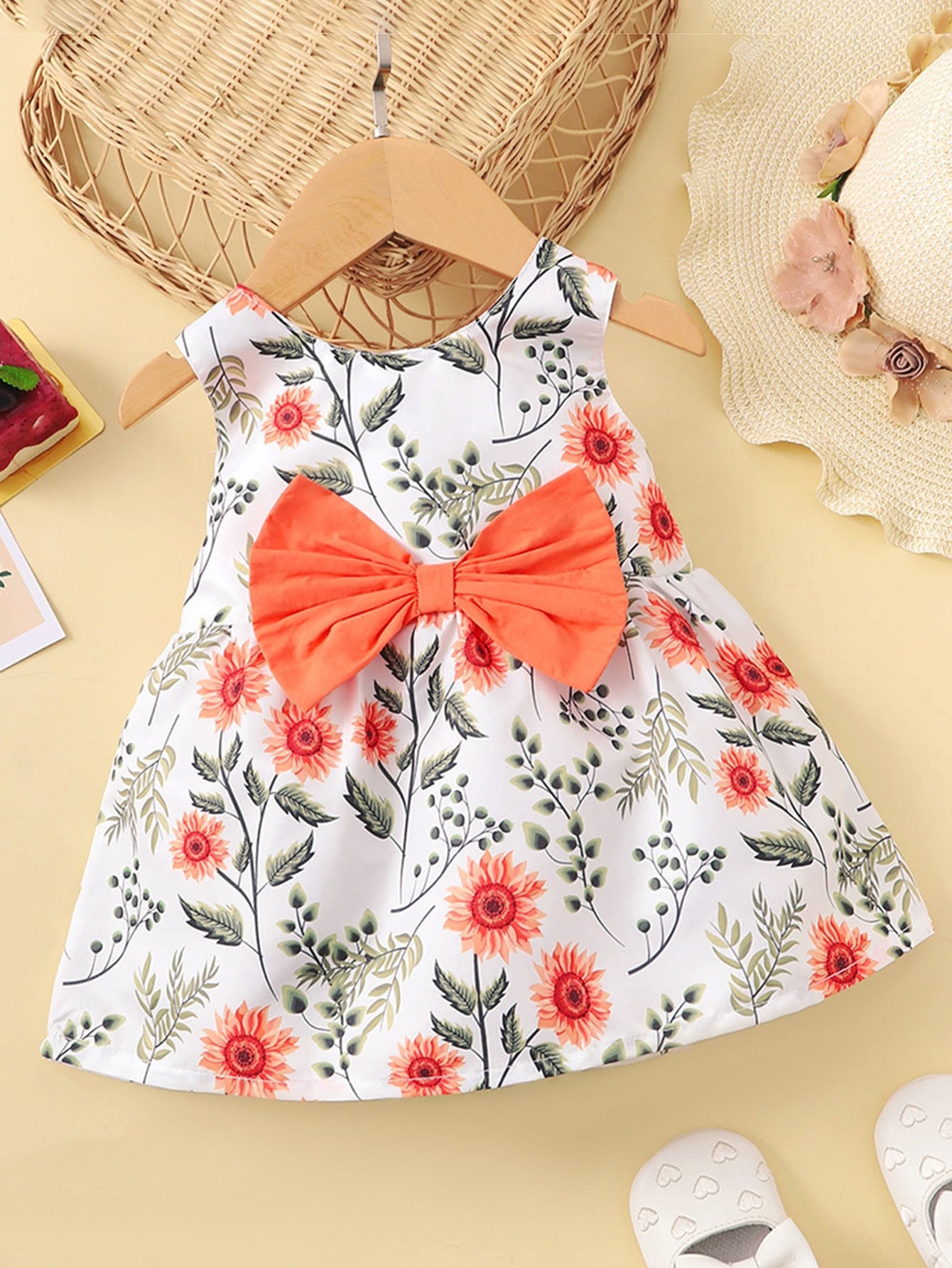 Baby Girl Floral Bow Sleeveless Dress - White