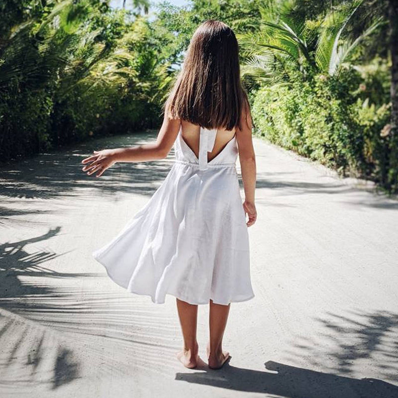 Girls Sleeveless Backless Casual Linen Dress White – Just a