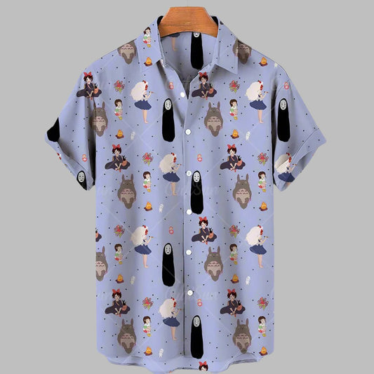 Summer Hawaiian Anime Totoro 3d Print Boys Girls Fashion Single-Breasted Shirt - White, Blue, Green, Beige