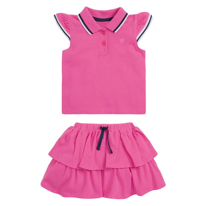 Girls Cute Ruffle Sleeve Solid Cotton Set of Tank Top and Skirt - Hot Pink.