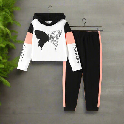 2pcs Girl Butterfly Print Colorblock Cotton Hoodie Sweatshirt and Pants Set