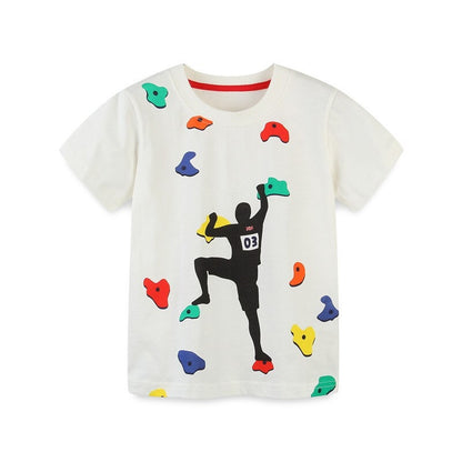 Boys Summer Cotton T-shirt with Cartoon Print - White