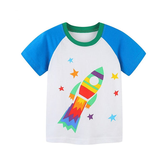 Summer Boys Short Sleeve Cartoon Dinos & Rocket Cotton T-shirt - Blue, Grey, White.