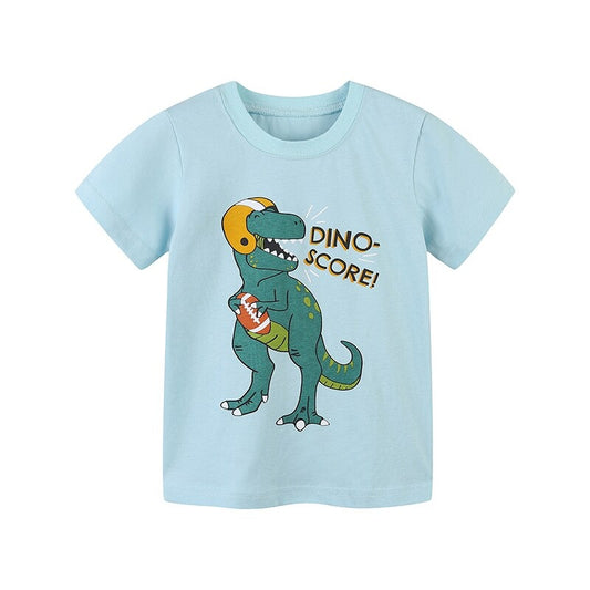 Summer Boys Short Sleeve Cartoon Dinos Cotton T-shirt - Blue, Green, White.