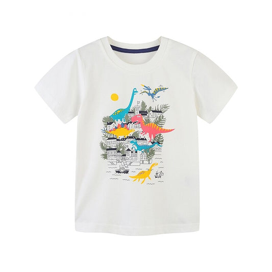 Summer Boys Short Sleeve Cartoon Dinos Cotton T-shirt - Blue, Green, White.