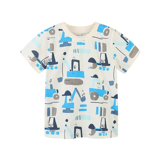 Boys Summer Short Sleeve Cartoon Rocket & Machinery Cotton T-shirts - Grey, White.