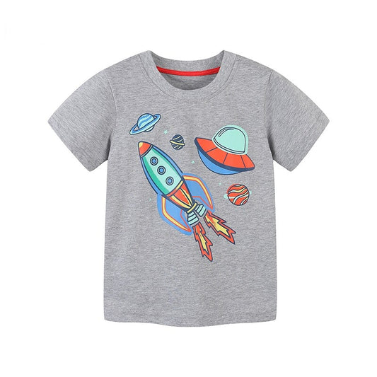Boys Summer Short Sleeve Cartoon Rocket & Machinery Cotton T-shirts - Grey, White.