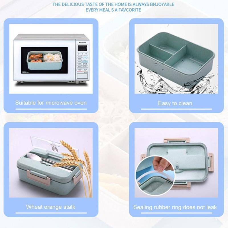 Bento Hermetically Sealed Plastic Lunch Box with Stainless Steel, Chopsticks and Spoon.